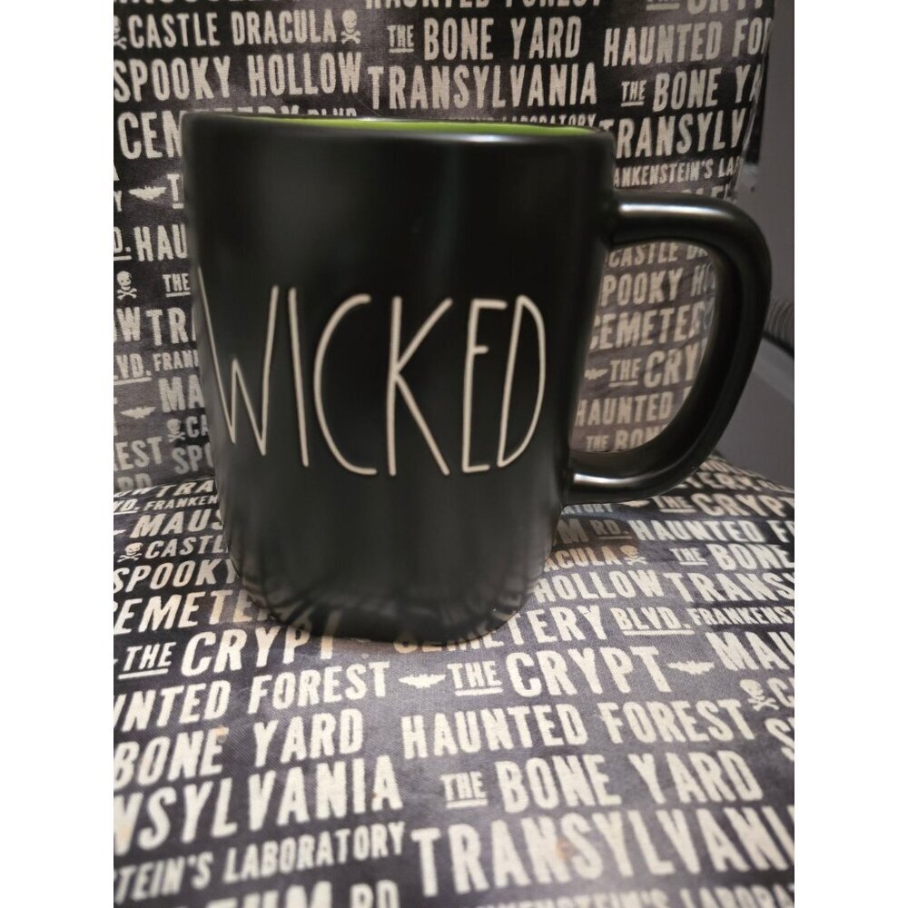 NWT Rae Dunn Wicked Black Coffee Mug Green Interior